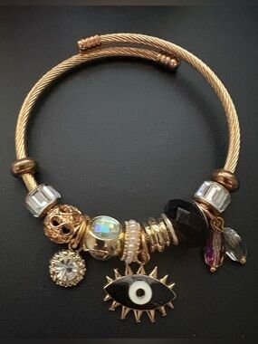 Gold-Tone Evil Eye Charm Bracelet with Black and Crystal Accents